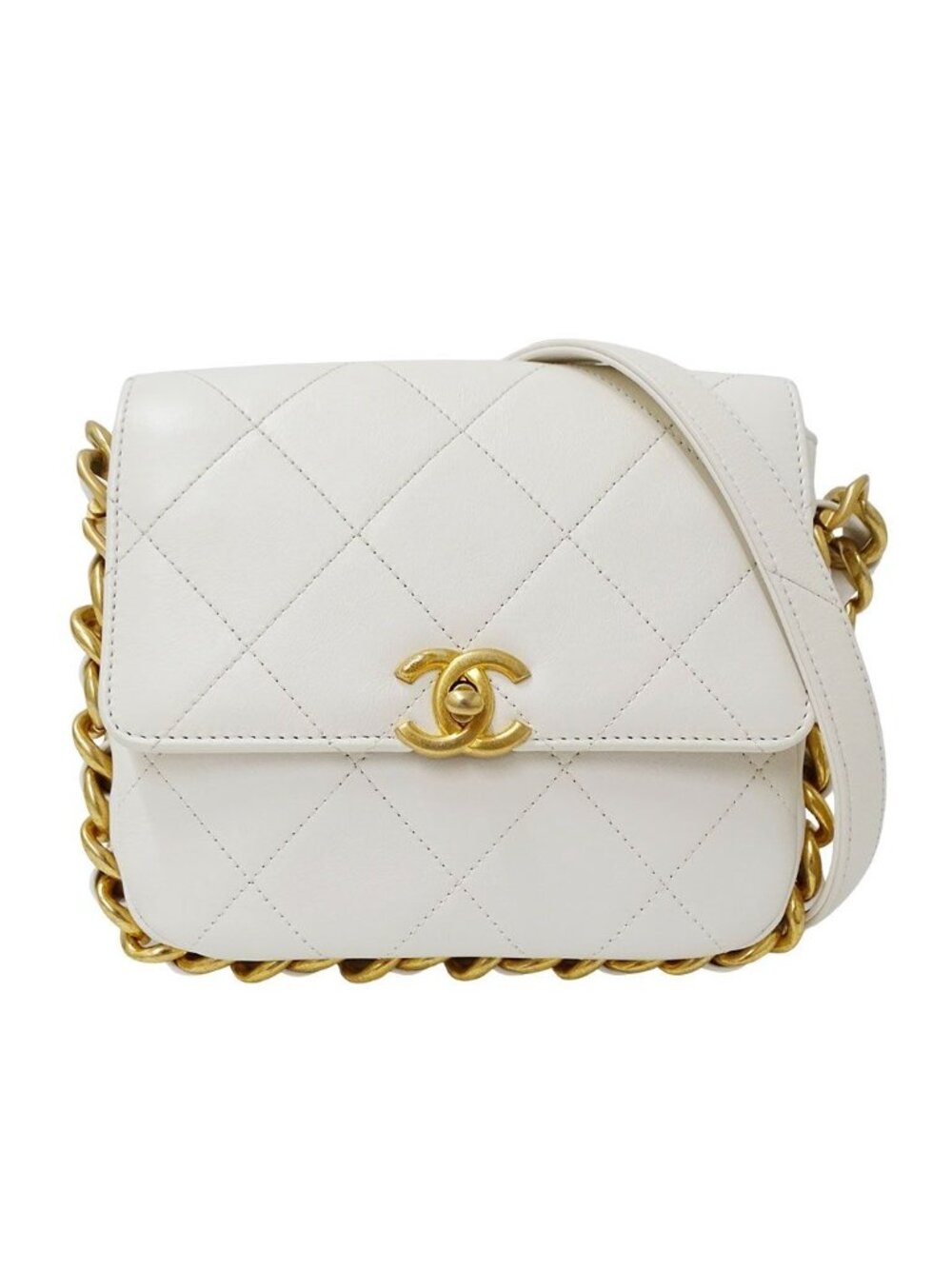 Chanel Shoulder Bag Quilted Leather White Gold